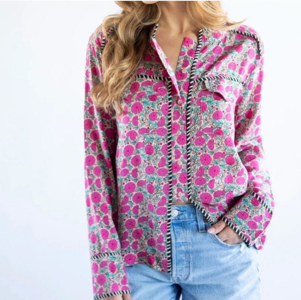 Natural Life Button Up Puff Print Boho Long Sleev… - image 2